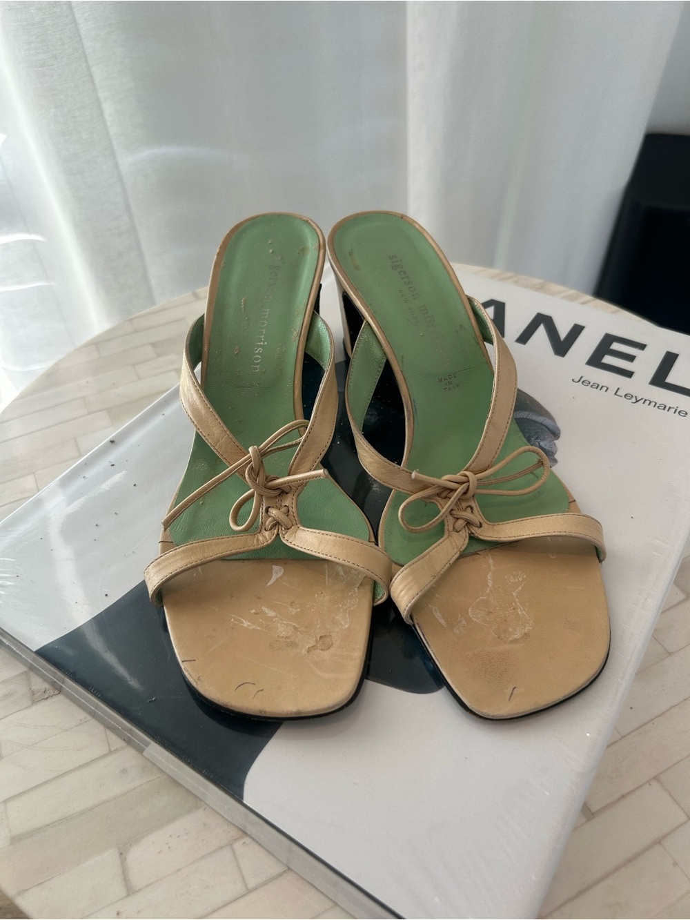 Sigerson Morrison Neutral Tan Strappy Heeled Sandals with Green Insole